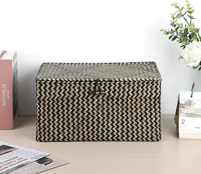 Hipiwe Wicker Shelf Baskets Bin with Lid, Handwoven Seagrass Basket Storage Bins Rectangular Household Basket Boxes for Shelf Wardrobe Home Organizer,Black,Large