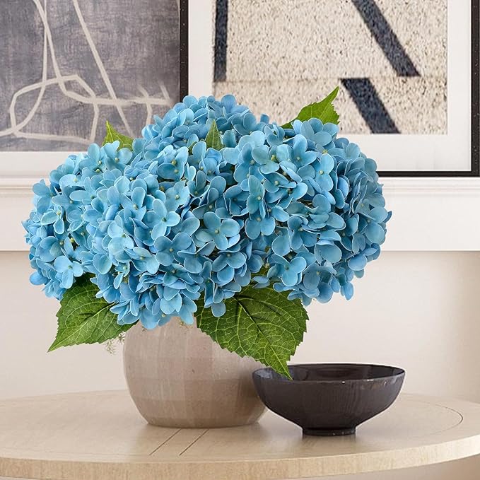 4 Pcs 20'' Turquoise Blue Hydrangea Artificial Flowers Lifelike Real Touch Latex Hydrangeas Faux Flower for Indoor Outdoor Xmas Home Decor Kitchen Table Centerpiece Wedding Flower Arrangement