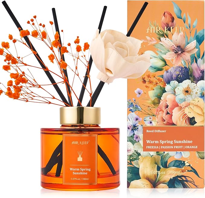 Airkeep Flower Reed Diffusers Set, 5.07 oz Freesia/Passion Fruit/Orange Scented Oil Diffuser with 8 Reed Sticks, Home Fragrance Diffuser Gift Set for Bathroom & Office Decor 150ml