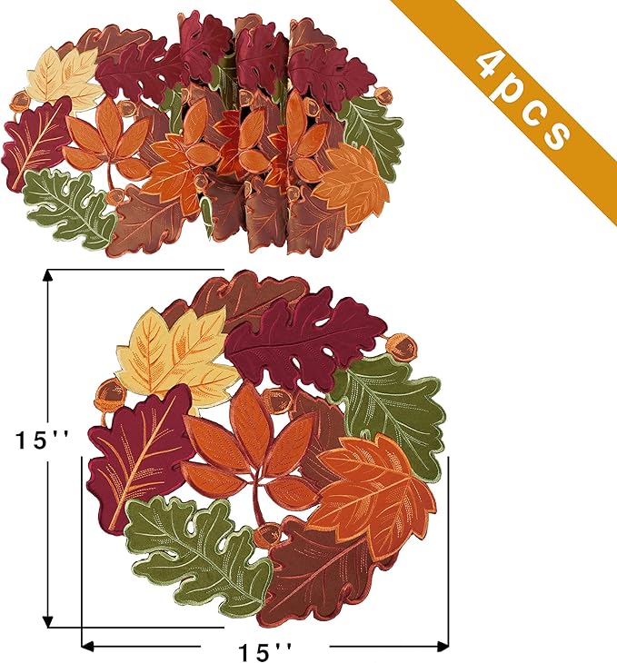 OWENIE Thanksgiving Table Doilies for Fall Home Decoartion, 15 Inch Round Placemats for Dining Table, Set of 4 PCS Harvest Maple Leaves Embroidered Table mats for Autumn