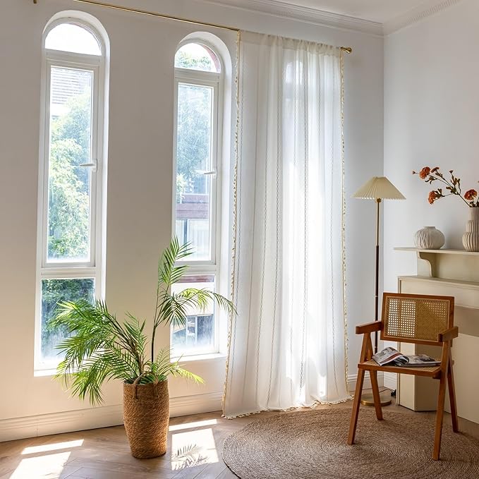 Sutuo Home Boho Curtains 72 Inches Length for Bedroom Living Room,Country Farmhouse Vintage Shabby Chic Tassels Window Treatment Bohemian Embroidery Drape, Rod Pocket 1 Panel 52" W x 72" L, White