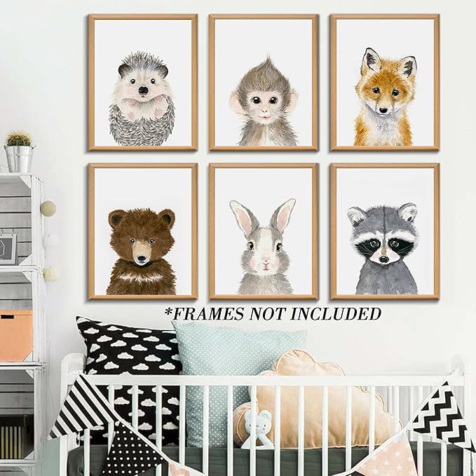 Jungle Nursery Safari Animal Decor - Cute Fawn, Fox, Rabbit, Bear Wall Art - Unframed - 12"x16" For Baby Bedroom