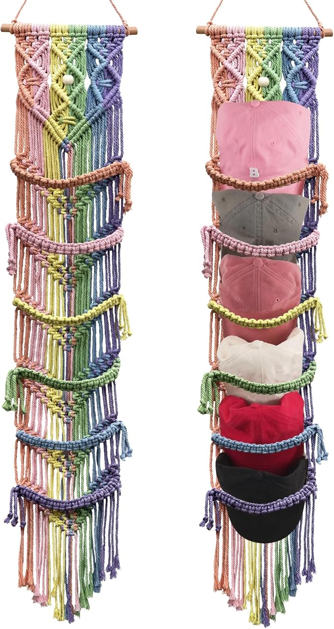 2PCS Macrame Cap Holder Boho Hat Hangers Over Door Decorative Bohemian Handmade Ball Cap Rack Organizer Woven Wall Hanging for Baseball Cap Display Decorations (Rainbow, Up to 24 Caps)