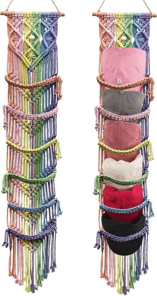 2PCS Macrame Cap Holder Boho Hat Hangers Over Door Decorative Bohemian Handmade Ball Cap Rack Organizer Woven Wall Hanging for Baseball Cap Display Decorations (Rainbow, Up to 24 Caps)