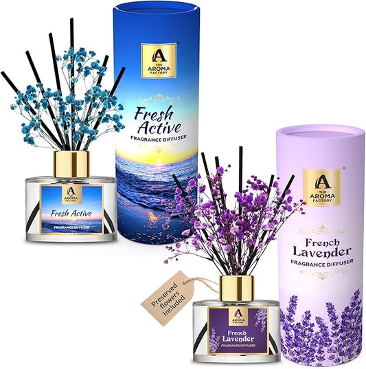 The Aroma Factory Fragrance Reed Diffuser Set with Natural Essential Oil, Aroma Sticks & Real Preserved Flowers | Luxury Home Decor Scent (Fresh Active & Lavender,2 Pack)