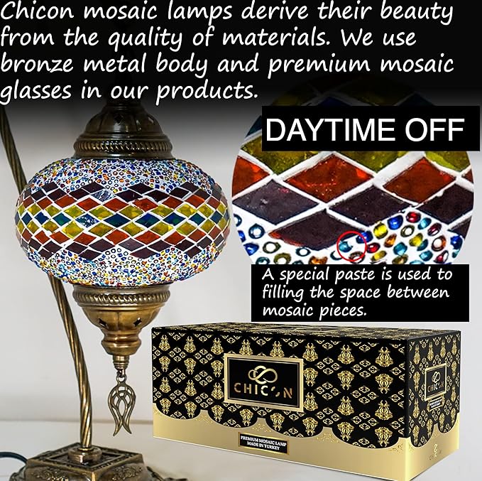 CHICON Handmade Mosaic Tiffany Boho Lamp | Genuine Glass Mosaic | A Piece of Art in Unique Moroccan Bohemian Small Table Lamp - SWAN Fire Wave Orange Red