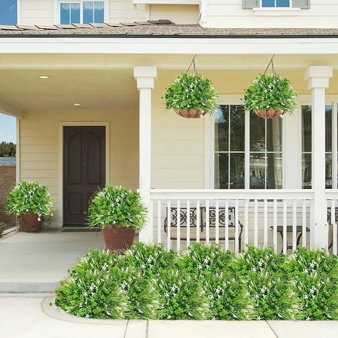 24 Bundles Artificial Plants Flowers for Outdoors Summer Decor, UV Resistant Fake Plants Plastic Faux Boston Fern Lavender Flowers Boxwood Greenery Shrubs for Gardens Porch Yard Home Spring Decor