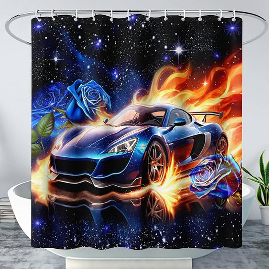 AILONEN Racing Car Shower Curtain for Bathroom, Blue Galaxy Starry Sports Cat Bath Curtain,Speed Car Shower Curtain for Kids Teen,Waterproof Curtain Bathroom 72" W*96" H Decor with 12 Plastic Hooks