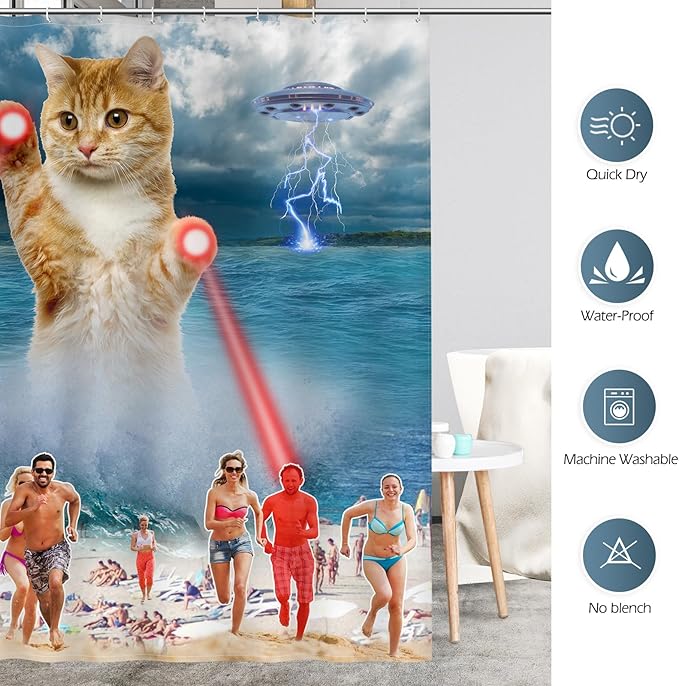 Aimego Extra Long Shower Curtain - Funny Cute Cool Ocean Cat with Weird Adults Beach UFO Fun Fabric Cloth Bath Shower Curtain Set with 12 Hooks for Bathroom Decor Accessories Bathtub Curtain, 72"x84"