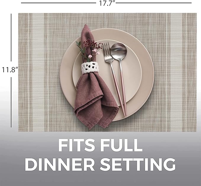 More Décor Dining Table Placemats, Washable Heat-Resistant PVC Vinyl Table Mats for Dining Room and Kitchen, Anti-Slip - Set of 6 - Vertical Striped White - Grey