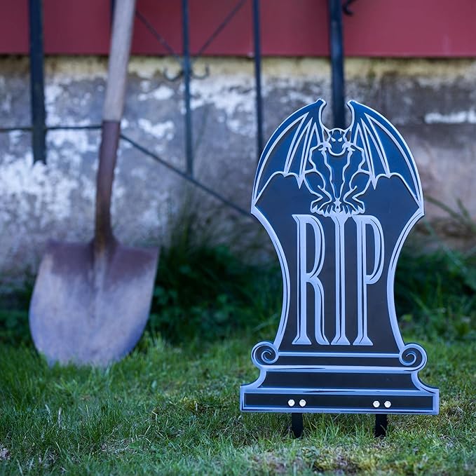 3-D Metal Halloween Ghost Cemetery XL 17" Tombstone w Stakes -RIP- Durable, Rustproof, UV Raised Printing-Upgrade Your Haunted House Mansion w Cemetary Lawn Decor-No More Flimsy Foam Graveyards