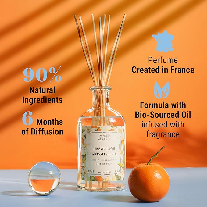 Panier des Sens - Neroli Reed Diffuser – Long Lasting Fragrance 5+ Months - Elegant Home Decor - 8.1 fl.oz Oil-Based Scent Diffuser - Made in France Home Fragrance - 90% Natural Ingredients