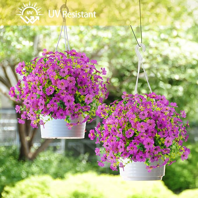 Artificial Flowers Outdoor Faux Plants UV Resistant 12 Bundles Fake Patio Flowers Plastic Greenery Plnats Outside Bulk for Spring Garden Hanging Planter Home Vase Decor, Purple
