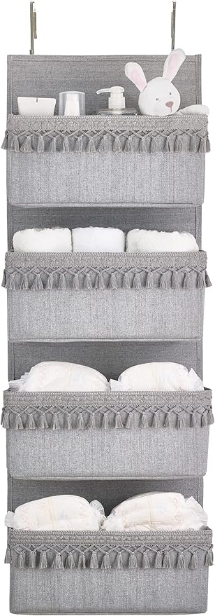 Dahey Over The Door Organizer Boho Nursery Storage Decor Closet Hanging Organizer with Tassels Decoration for Bedroom Nursery Bathroom Apartments Dorm Pantry, 4 Pockets, Grey