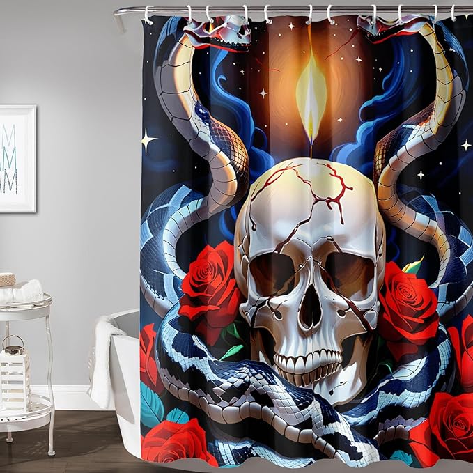 AILONEN Skull Shower Curtain for Bathroom,Red Rose Terror Snake Skull Bath Curtain,Goth Skull Skeleton Print Waterproof Curtain with 12 Plastic Hooks, 48" W*72" H