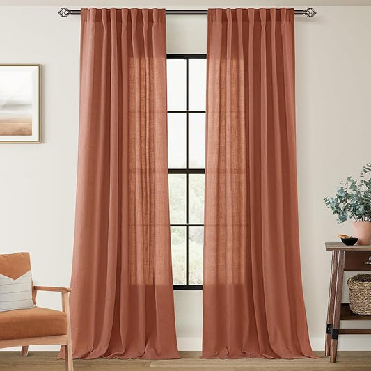 84 inch Linen Terracotta Curtains 2 Panels for Living Room Back Tab Light Filtering Semi Sheer Rust Colored Curtains 84 inches Long Soft Thick Cotton Cloth Textured Rustic Boho Farmhouse Room Decor