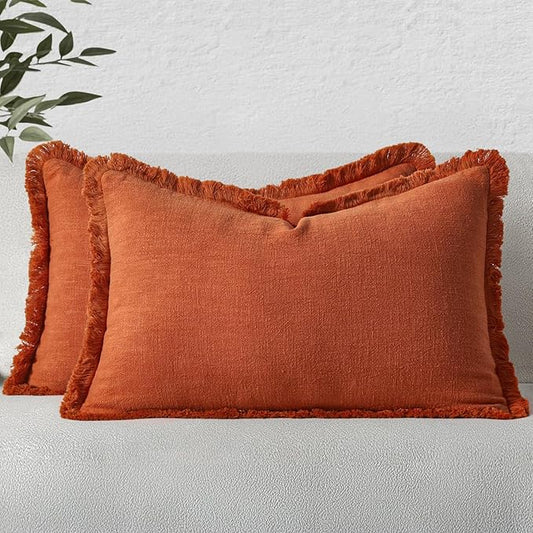 MIULEE Decorative Throw Pillow Covers Neutral Linen Fringe Throw Pillows Set of 2 Burnt Orange Boho Farmhouse Cushion Covers with Tassels for Couch Sofa Bed Living Room Home Decor 12x20 Inch