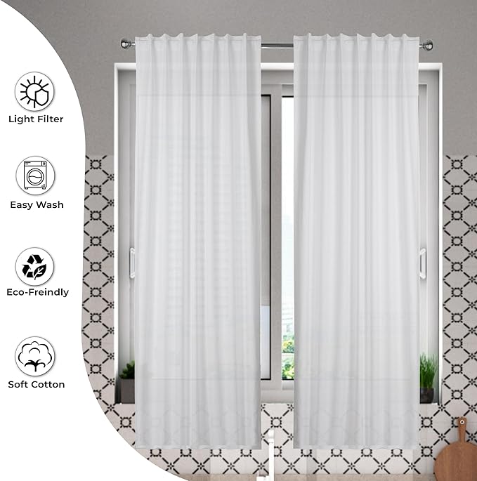 Ramanta Home White Cotton Light Filtering Curtains 50x84 Inches - Set of 2, Farmhouse Slub Textured Semi Sheer Drapes, Duck Cotton Fabric Living Room, Kitchen Back Tab Window Panels - White
