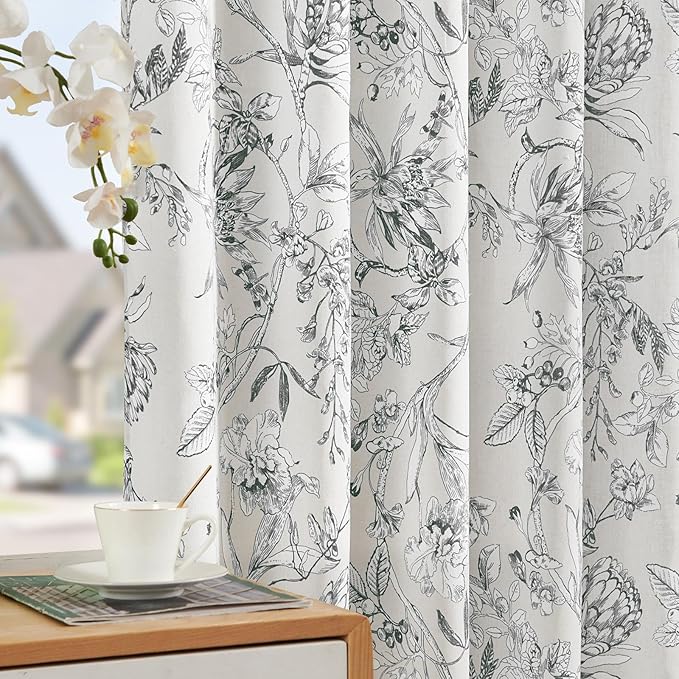 jinchan Floral Curtains 96 Inches Long Charcoal Grey Flower Linen Farmhouse Curtain for Living Room French Country Vintage Curtain Rod Pocket Curtains Set 2 Panels Gray Floral Printed