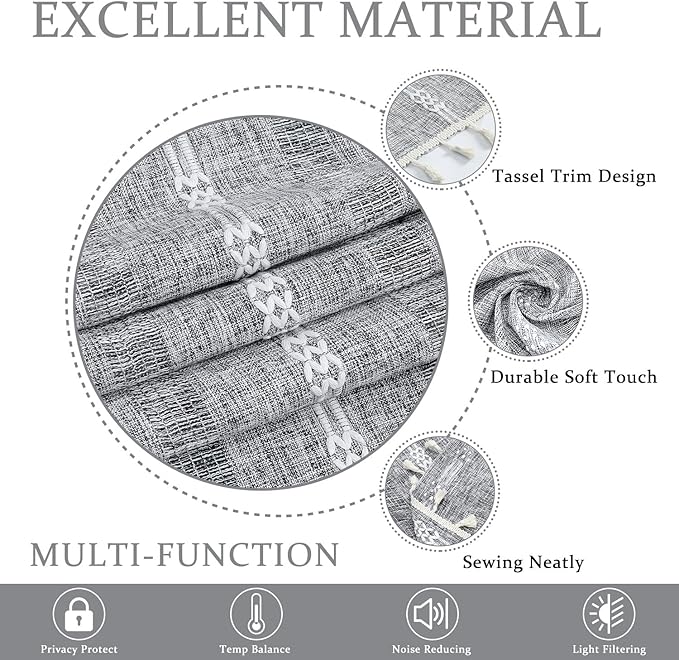 ColorBird Dark Grey Curtains for Bedroom, Linen Darkening Drapes 63 Inch Length 2 Panels, Embroiderey Boho Farmhouse Room Divider Curtains for Living Room Dining Nursery Closet