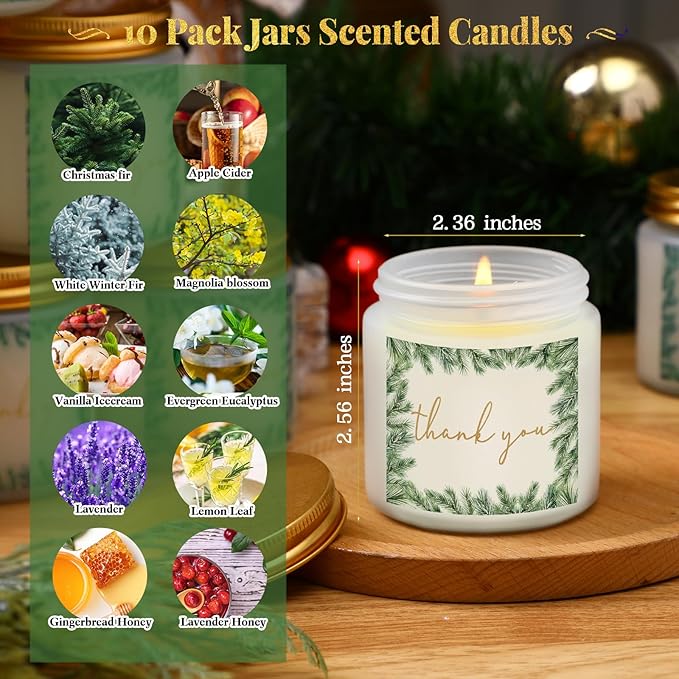 Coume 10 Set Thank You Gifts Candles Employee Appreciation 3.5 oz Christmas Scented Candles Bulk Inspirational Soy Wax Jar Candle Thank You Gifts for Team Coworkers Employee Teacher Volunteers
