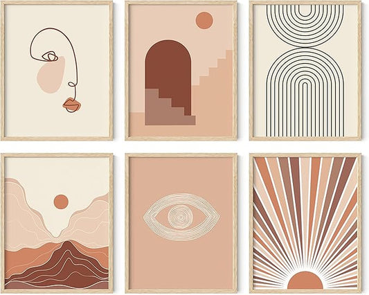 HAUS AND HUES Boho Prints for Wall Decor - Set of 6 Geometric Posters and Bohemian Art Prints Mid Century Wall Art | Aesthetic Bohemian Wall Decor (Beige Frame) (11x14)
