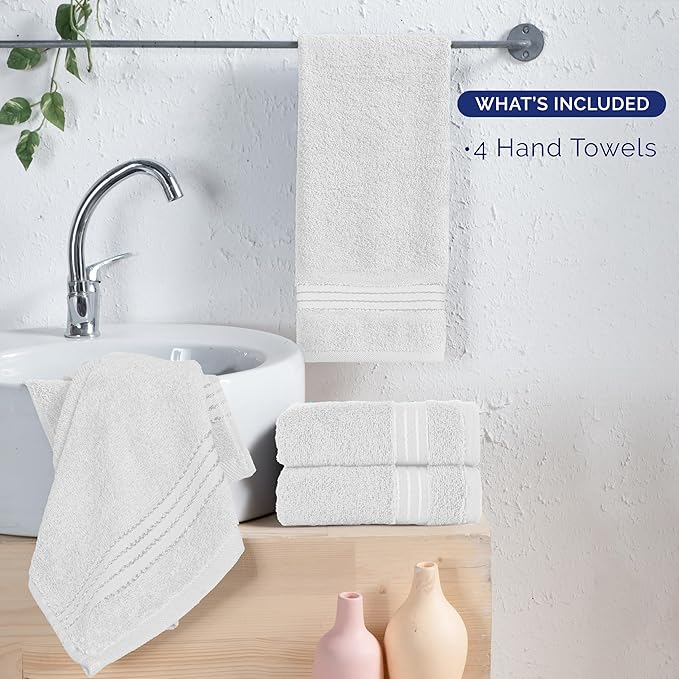 Elegant Comfort Premium Turkish Cotton 4 Pack Hand Towel Set - 16 x 28 inch, Luxurious Hotel Spa Quality 100% Turkish Cotton 4PC Hand Towel Set - Highly Absorbent - Soft Bathroom Towels, White