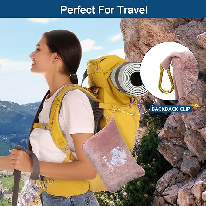 Bnuitland Travel Blanket and Pillow 2 in 1, Soft Flannel Airplane Blanket in Bag Compact-Long Flight Essential for Adults and Kids, Portable Luggage Sleeve and Backpack Clip, 65×40 inch Pink