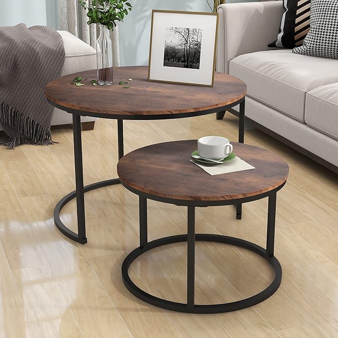 Industrial Round Coffee Table Set of 2 End Table for Living Room,Stacking Side Tables, Sturdy and Easy Assembly,Wood Look Accent Furniture with Metal Frame,Black+Rustic Brown
