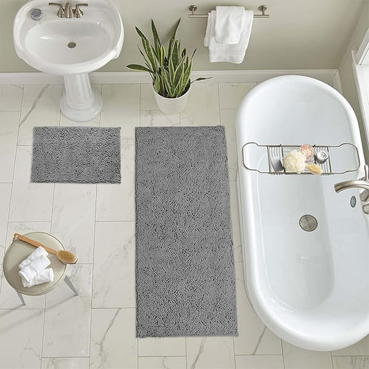 LuxUrux 2-Piece Bathroom Rug Set - Ultra-Plush Chenille Mats, Includes Runner Rug, Soft, Absorbent, Non-Slip & Stylish (27x47 & 16x24 inches, Light Grey)