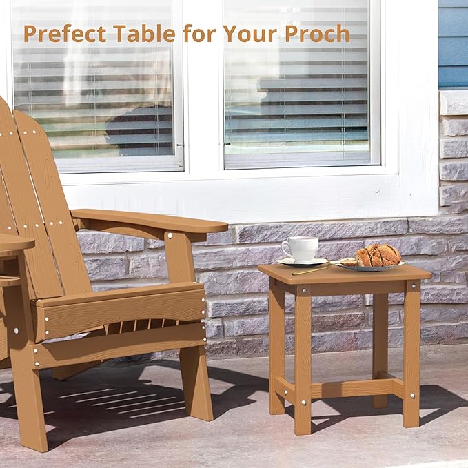 LUE BONA Outdoor Side Table Set of 2, HDPS Small Outdoor Table, Adirondack Side Table, Outside End Table for Patio, Porch, Deck, Weather Resistant/Easy Maintenance/Indoor or Outdoor Use, Teak Color