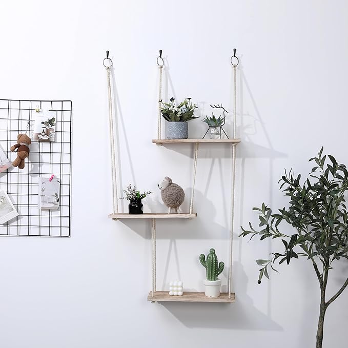 LOSOUR Hanging Shelves for Wall, 3 Tier Boho Wall Decor Hanging Plant Shelf Floating Shelves Rope Rustic Wood Organizer Storage Hanger Rack for Bedroom Kitchen Bathroom Living Room (Brown, Medium)