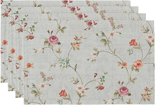 QIYI Boho Placemats Set of 4, 12x18 Inch Linen Fabric Floral Place Mats for Kitchen Dinning, Farmhouse Rustic Cloth Table Mats, Washable Placemat Party Table Décor, Vintage Pink Flowers