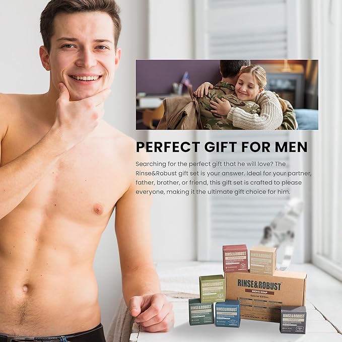 Rinse & Robust Mens Natural Bar Soap 6Pcs Handmade Cleansing Soap Bar Set Moisturizing&Exfoliating Scrub Soap Gifts for Men 6 Different Scents 3.5 oz of 6 Bars