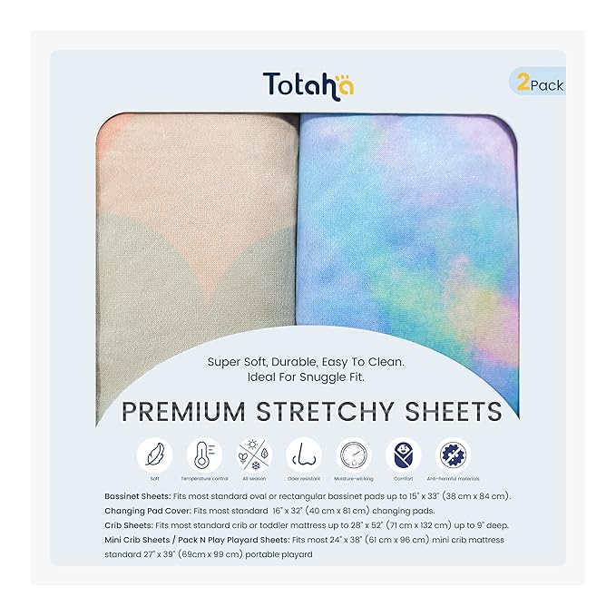 TotAha Premium Stretchy Changing Pad Covers (2-Pack)-Hypoallergenic, Silky Comfort, Buttery Soft, Calming Effect, All-Season Jersey-Knit 32 X 16 X 5''(Rainbow & Tie dye)