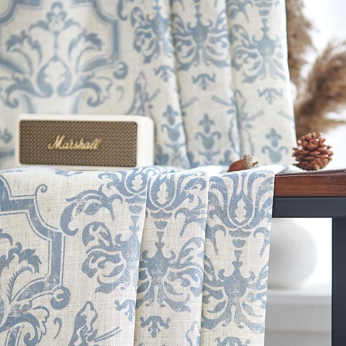 jinchan Linen Curtains for Bedroom Blue Curtains Damask Patterned 84 Inches Long for Living Room Light Filtering Vintage Curtains Baroque Style Drapes Grommet Window Treatments 2 Panels Set