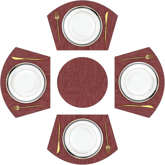 SHACOS Large Size Wedge Placemats with Centerpiece Round Mat Set of 5 Round Table Place Mats Washable Dining Table Placemats Reversible Durable, Burgundy