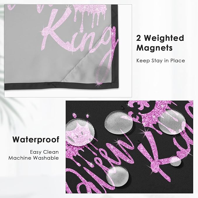 King and Queen No Hook Shower Curtain with Snap in Liner, Black and Pink Glitter Bath Curtain with Double Layers Waterproof Fabric and Mesh Top Window 71x74 Inch