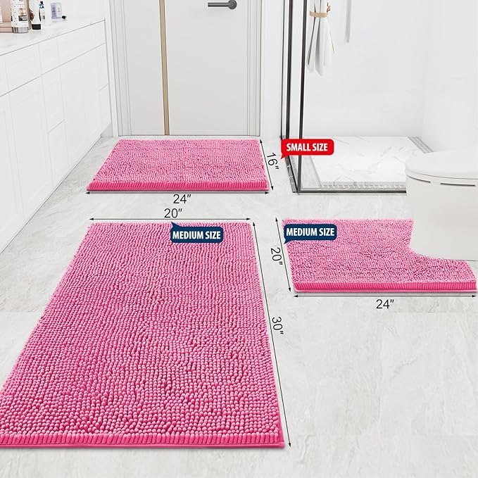 Smiry Luxury Chenille Bathroom Rugs 24x16, Extra Soft and Absorbent Shaggy Bath Mat, Machine Washable, Non-Slip Plush Carpet Runner for Tub, Shower, and Floor, Home Decor Accessories, Hot Pink