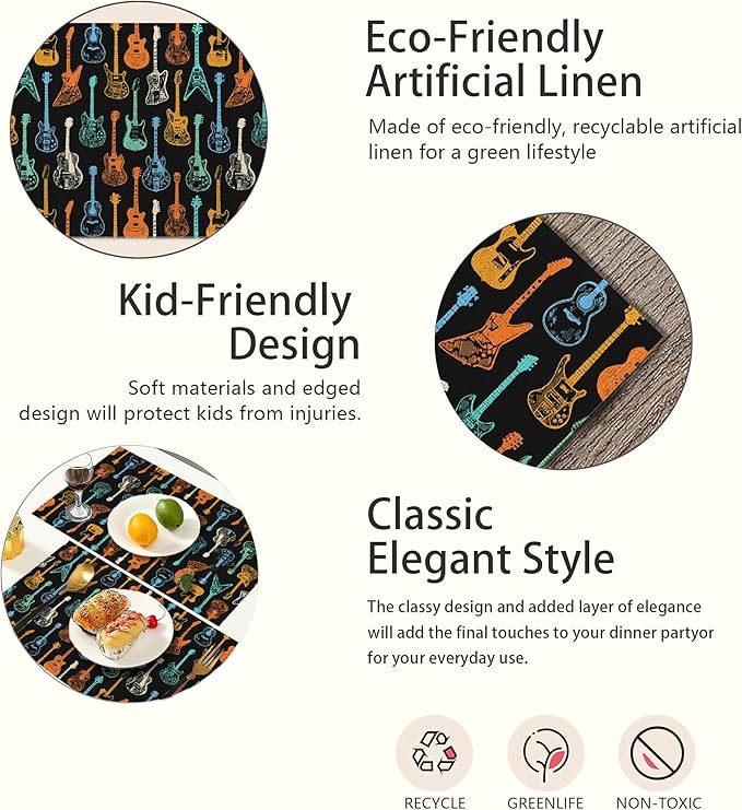 Colorful Guitar Placemats Set of 6, Waterproof Non-Slip Washable Table Mats Set for Kitchen Dining Holiday Party Wedding Decor 12x18 Inch