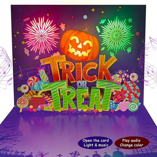 3D Pop Up Trick Or Treat Pumpkin Halloween Card, with light and music, For Kids, Friend, Boyfriend, Girlfriend, Husband, Him, Women - Skull, Ghost, Envelope