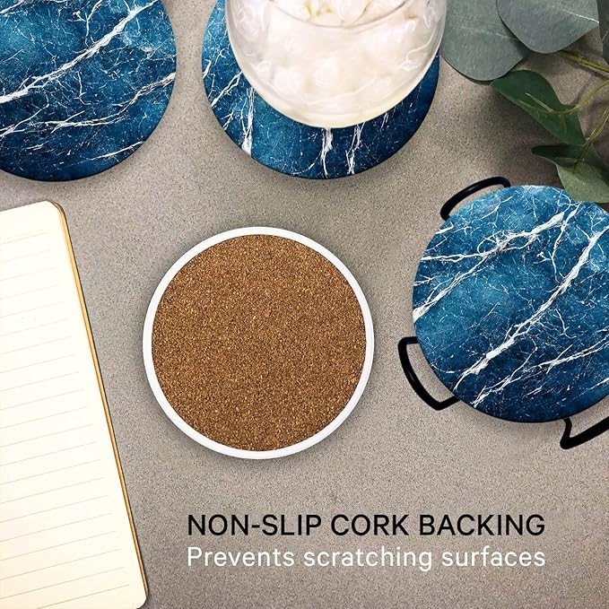 Emerson Coasters for Drinks Absorbent – Dining Table Set of 6 with Holder, 100% Ceramic Wooden Tabletop Protection Marble Style - Non-Slip & Cork Bottom - Heavy Duty (Blue Streak)