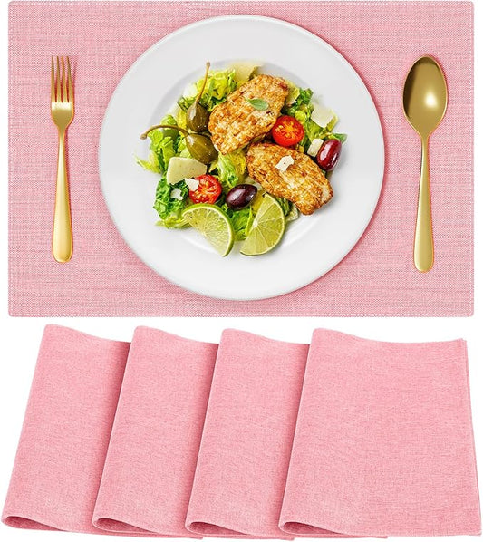 Cloth Placemats, Set of 4 Heat-Resistant Cotton Linen Blend Double Layered Machine Washable Place Mats, Wrinkle Free Thick Fabric Dining Table Mats for Indoors & Outdoors (Baby Pink, 4)