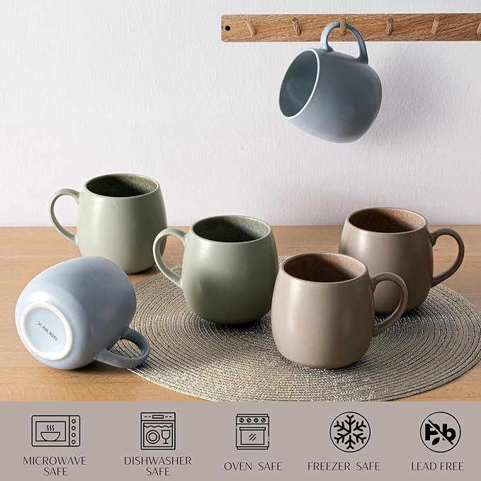 Ceramic Coffee Mugs Set of 6, 14oz - Modern Scandinavian Aesthetic Cup- Microwavable Stoneware Coffee Cups with Comfortable Handle - Tea Mug Set for Latte, Cappuccino, Soup - Soft Sage Green