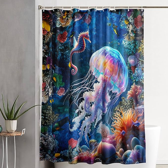 AILONEN Cartoon Jellyfish Shower Curtain,Underwater Animal Seahorses Style Bathroom Curtains Set for Kids,Girls,Ocean Theme Shower Curtains Set with Hooks for Bathroom,72" W*72" H