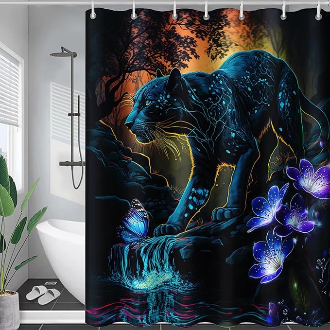 AILONEN Black Panther Shower Curtain,Glowing Panther Print Bath Curtain for Kids Boys Men,Wildlife Forest Cheetah Leopard Waterproof Shower Curtain for Bathroom, 72" W x 78" H