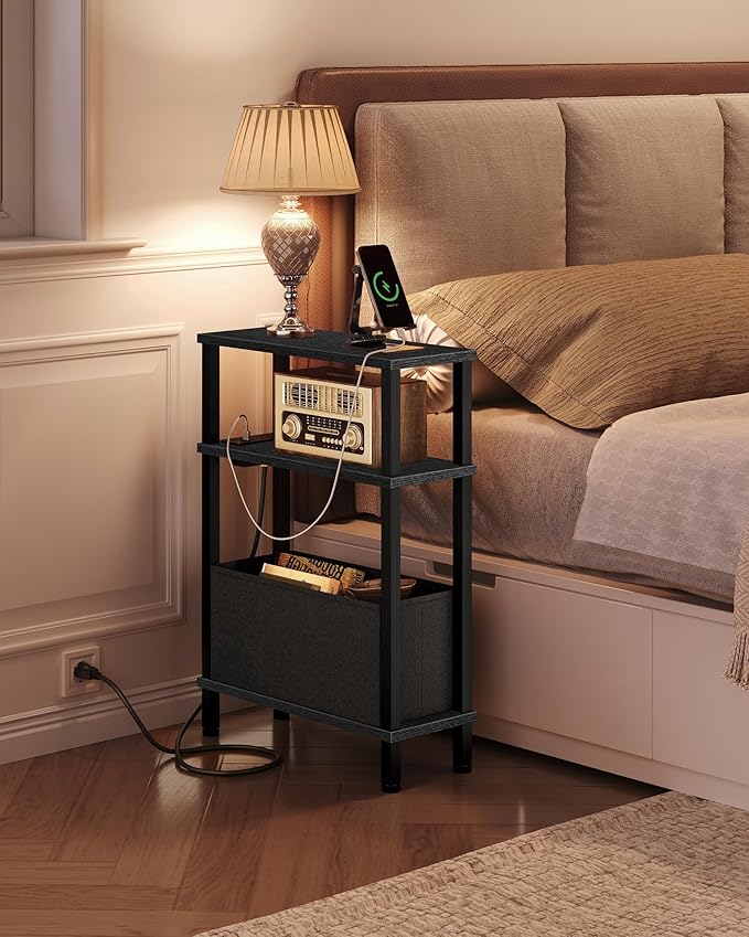 Small Narrow Side Table with Charging Station, Skinny End Table with Fabric Basket, Slim Nightstand for Small Spaces, Sofa Side Table, for Living Room, Bedroom, Black TBZ07UBB