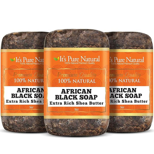 It's Pure Natural African Black Soap Bars with Extra Rich Shea Butter (Pack of 3) Organic Raw Soap for Face & Body, Acne Treatment & Dark Spot Remover [Made in Ghana]
