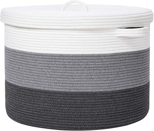 20" x 20" x 15" Extra Large Storage Basket with Lid, Cotton Rope Storage Baskets, Laundry Hamper, Cloth Bin, for Clothes Towels Blankets Pillows Storage in Living Room, Grey/Dark Grey with Cover