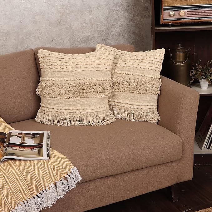 REDEARTH · Tufted Throw Pillow Cushion Covers - Boho Textured Woven Decorative Cases Set for Couch - Sofa - Bed - Farmhouse - Chair - Patio - Outdoor - car - 100% Cotton (18x18 ; Natural) Pack of 2